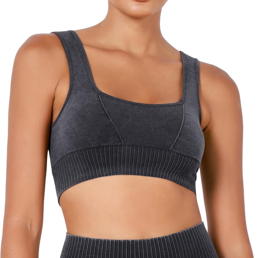 Seamless Square Neck Sports Bra Women Ribbed Crop Tank Casual Low Back Crop Tops - Picture 7 of 8